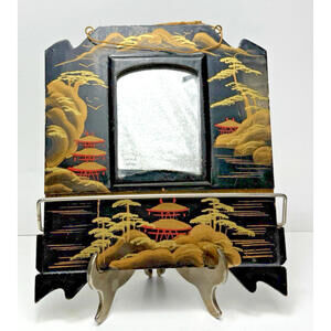 Vtg Mirror Black Wood Hand Painted Asian Style Folk Art Hanging Small Ornate